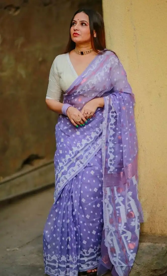 Violet soft jamdani saree with blouse piece
