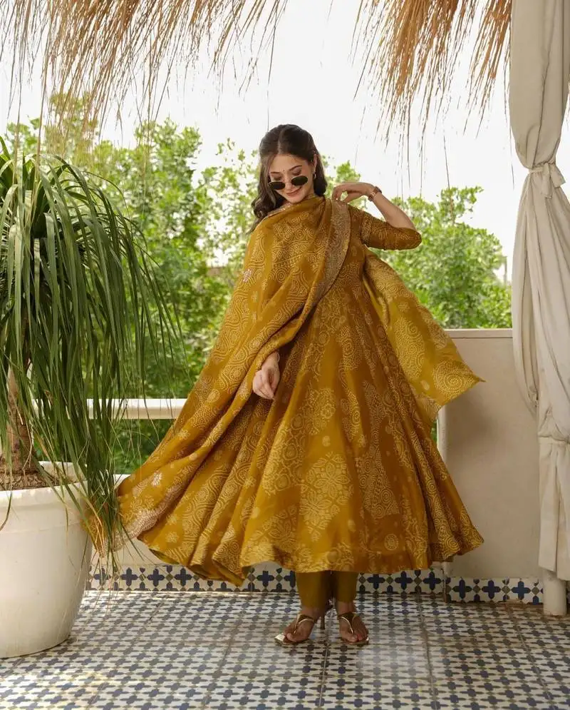 women bandhani printed pure cotton anarkali kurta with trousers & with dupatta