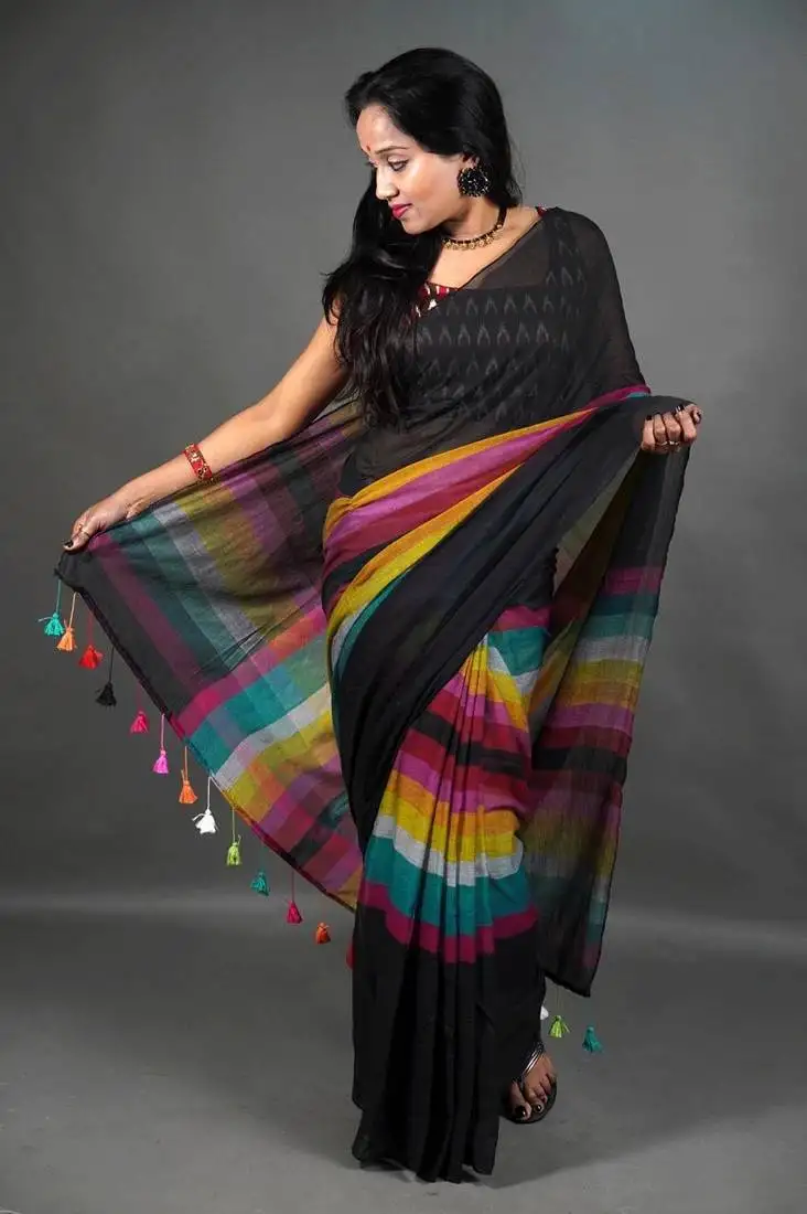Black rainbow saree soft mul cotton