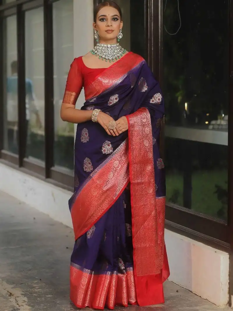 Blue red silk blend saree with blouse