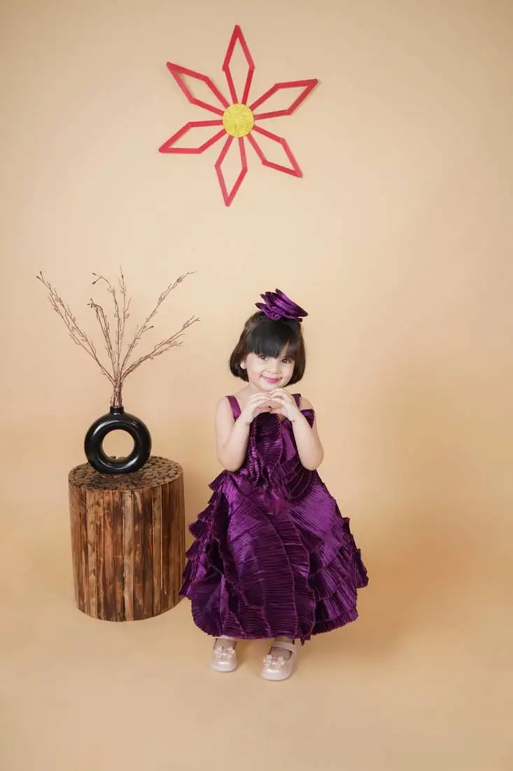 Purple satin fabric short sleeve dress with hair clip for kids