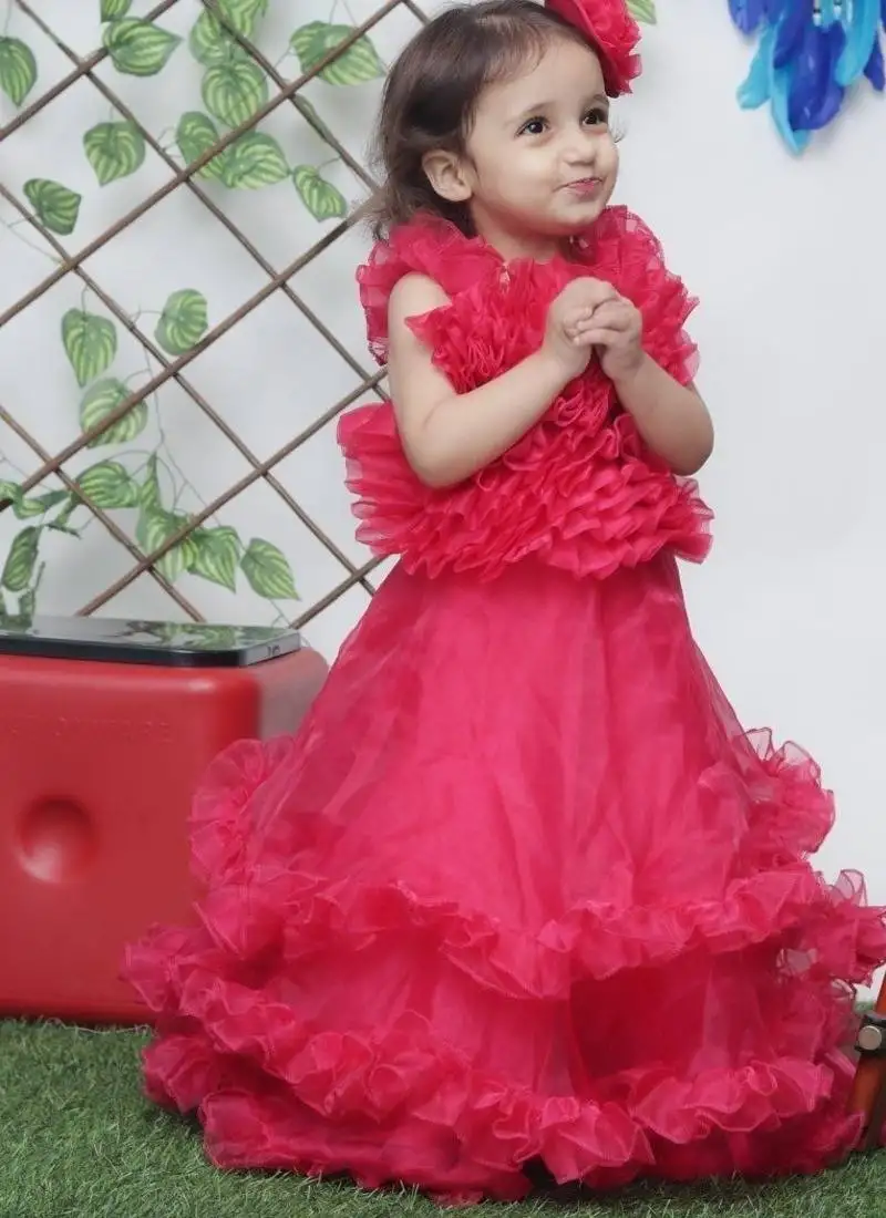 Red organza round neck sleeveless gown for kids