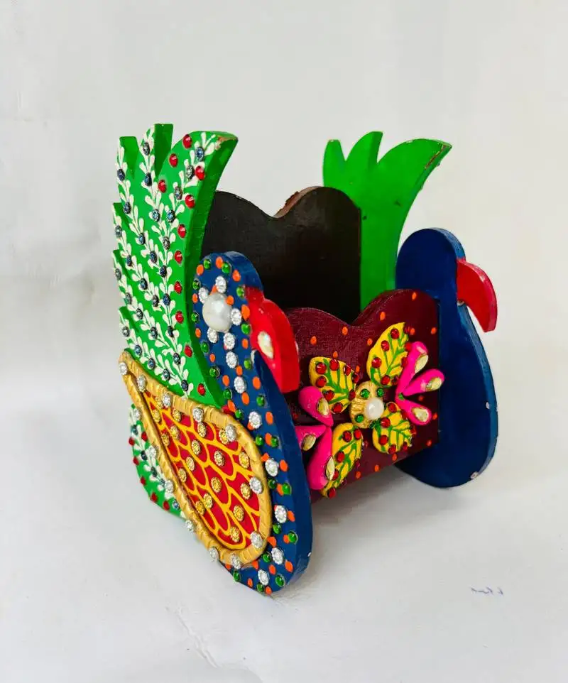 Handcrafted paper-mâshee wooden mobile stand with stone & ceramic cone work – peacock design ethnic décor"