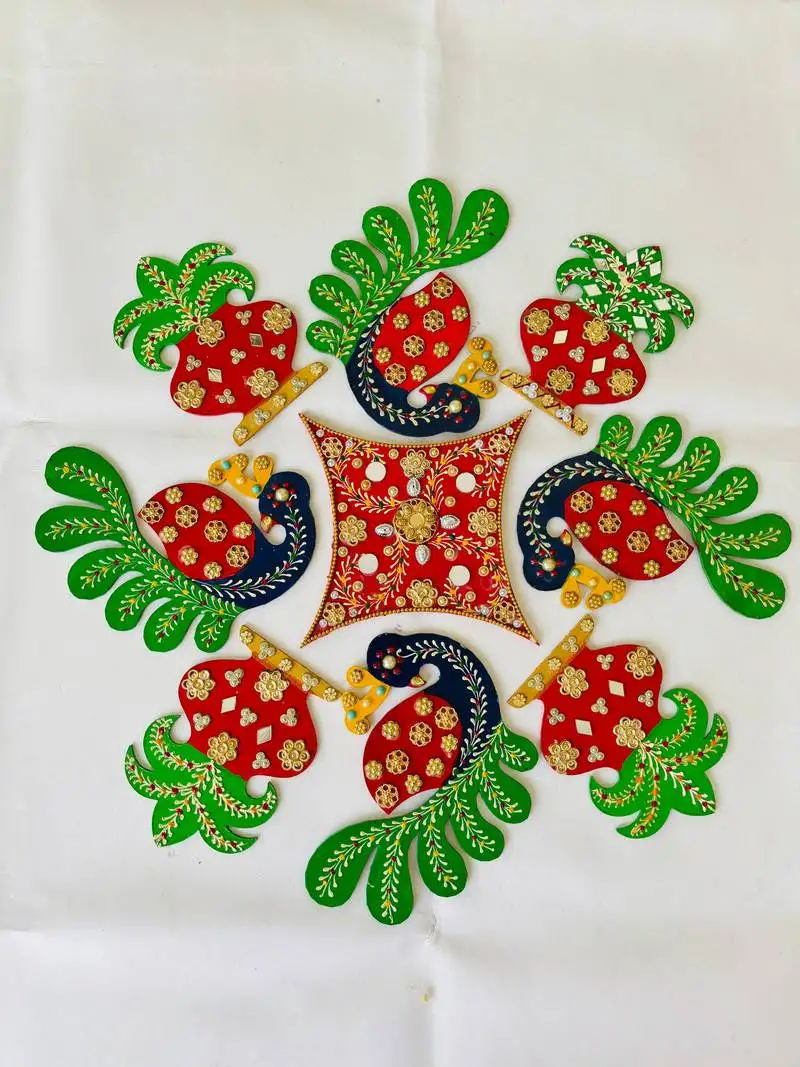 "handcrafted wooden rangoli set with 4 peacock peice, 4 kalash pieces & 1 centerpiece ,easy-to-use for festive decor"