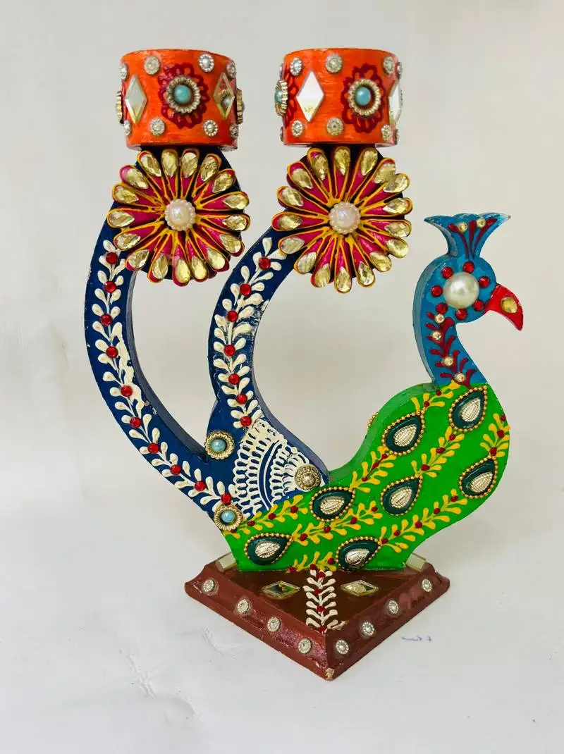 Peacock elegance dual candle stand in mdf wood – handcrafted papermache with heavy stone work (double-sided design)