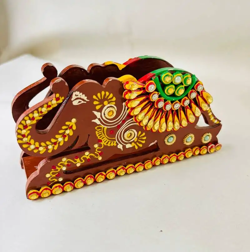 Handcrafted mdf wooden elephant tissue paper holder both side work with paper mashee & stone work