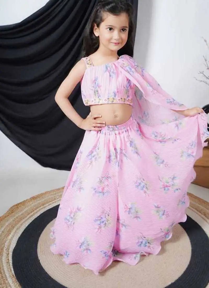 Pink georgette sleeveless printed lengha choli for kids