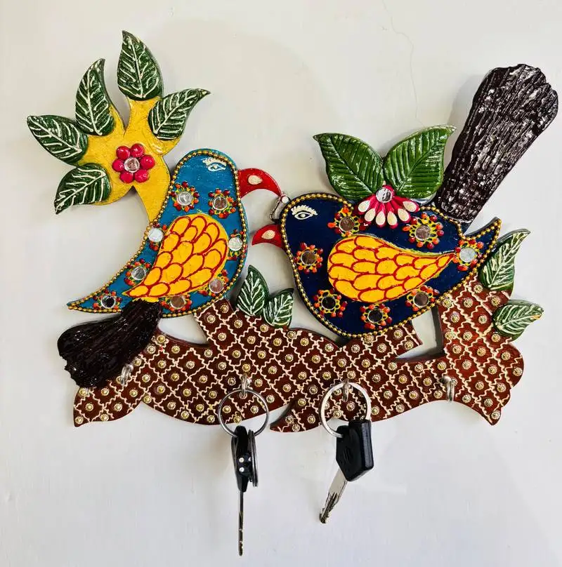 Handmade bird key holder – paper mashee & stone work wall décor with waterproof varnish finish