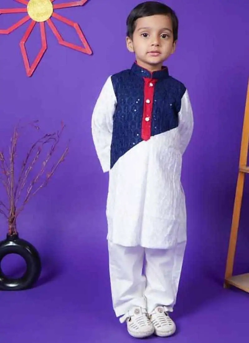 Blue and white embroidery full sleeve cotton kurta white pant for kids