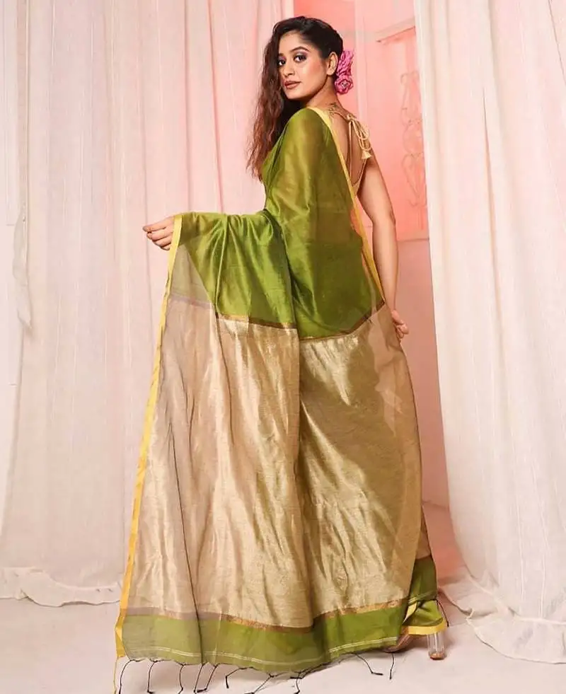 Light green handloom cotton silk saree with running blouse piece