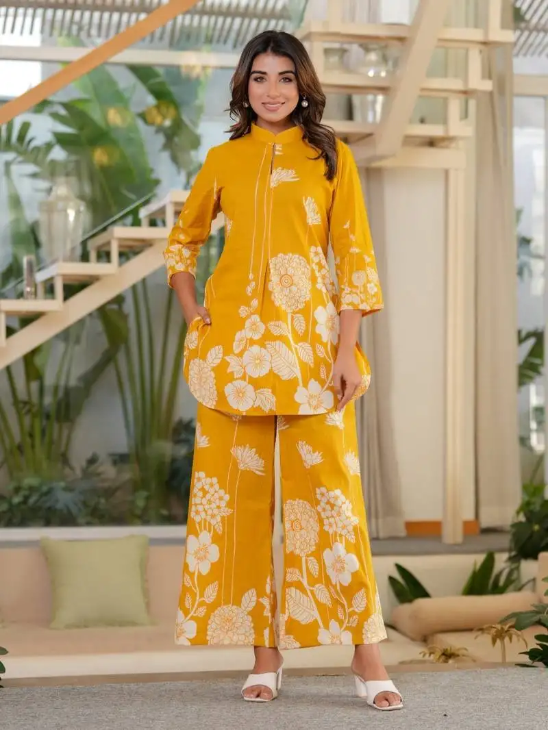 Mustard printed blended cotton jayti dandelion co-ord sets