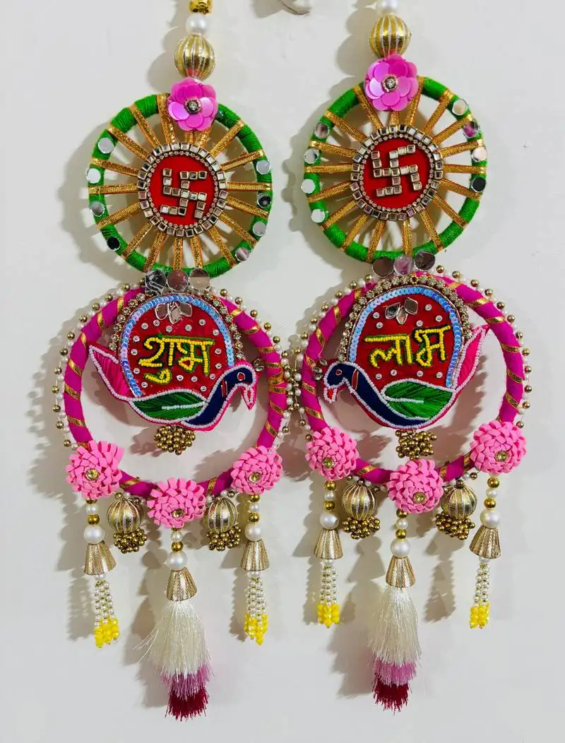 Shubh labh decorative wall hanging with swastik, birds, and tassels