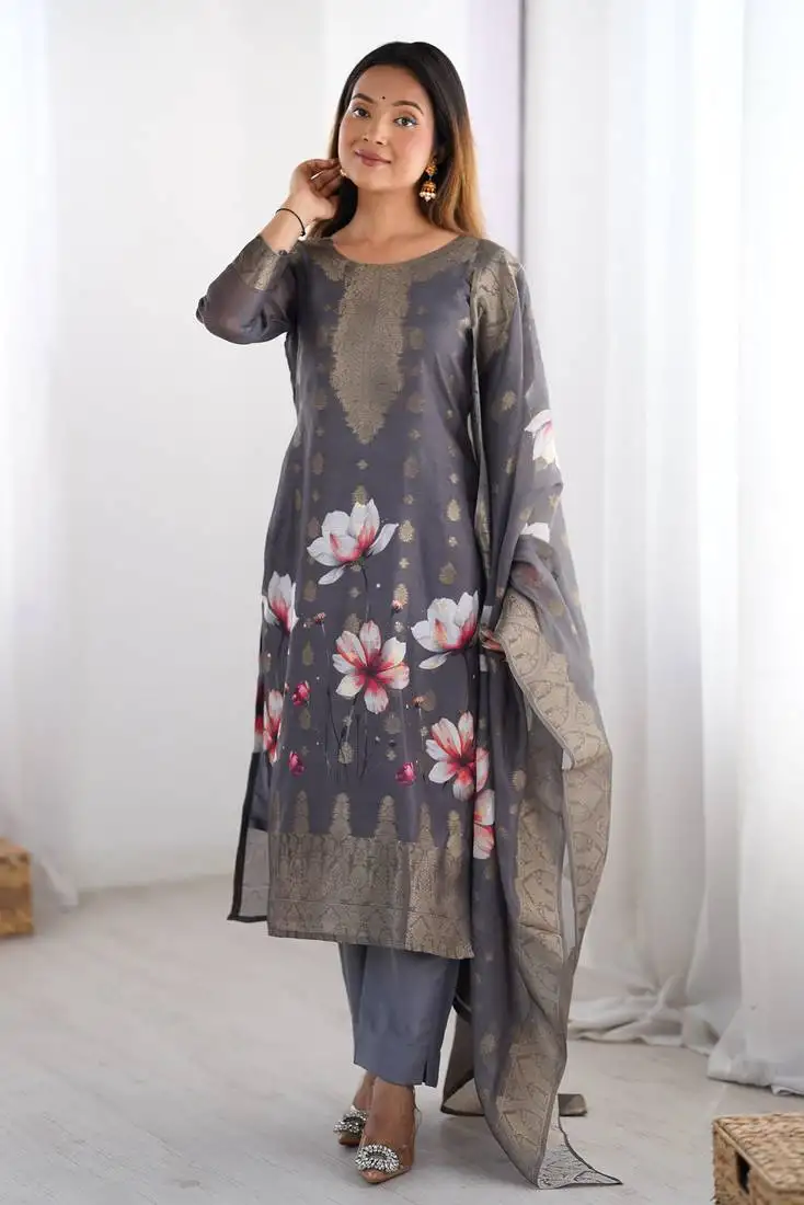 Fascinating black organza digital printed traditional straight suit stitched