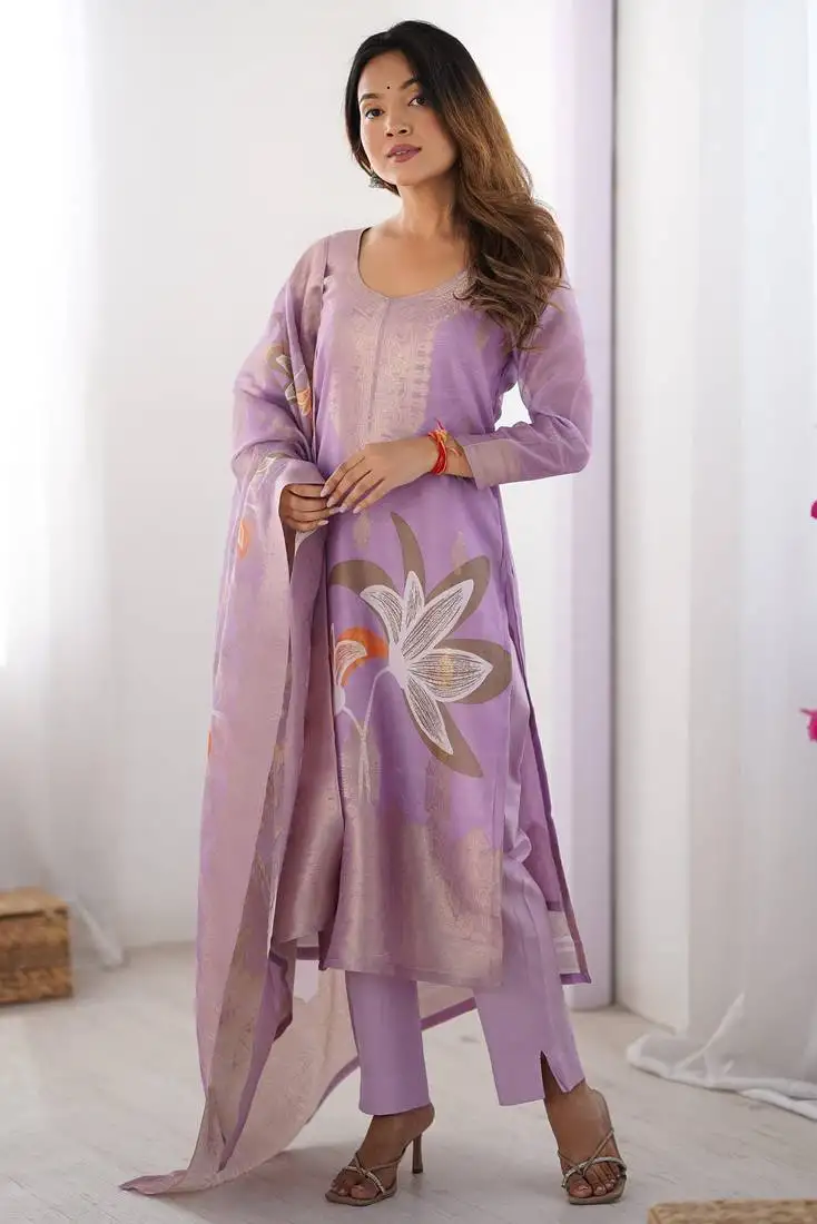 Impressive lilac floral print organza festival wear pant suit stitched