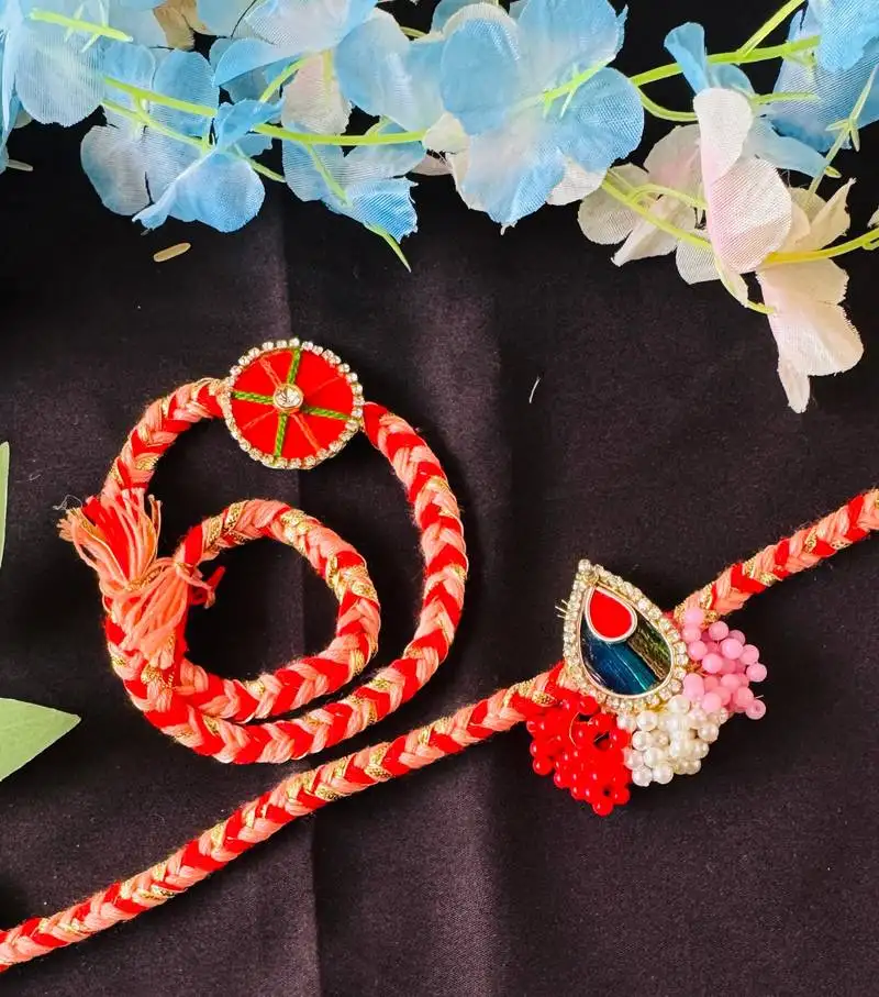 Elegant bhaiya bhabhi rakhi set with beads & kundan work