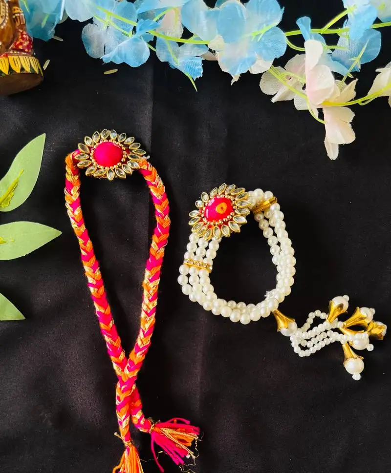 Royal kundan bhaiya bhabhi rakhi set with pearl lumba