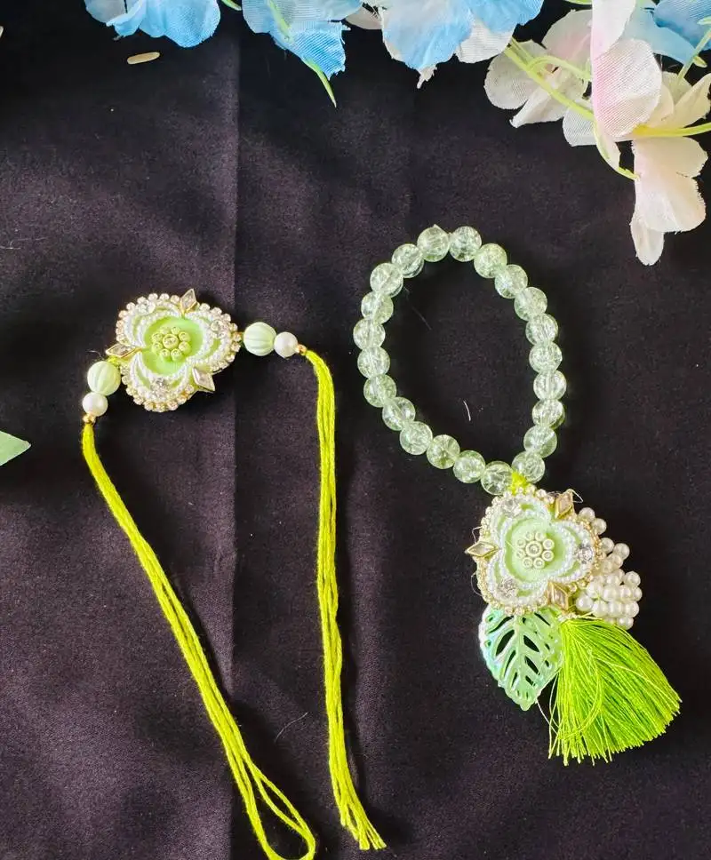 Floral green designer bhaiya bhabhi rakhi set with beads & tassels