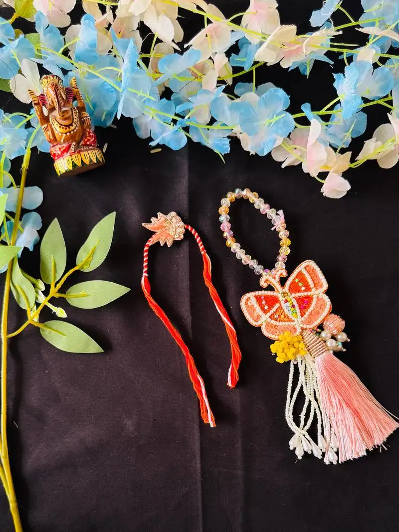 Elegant butterfly design bhaiya bhabhi rakhi set with beads & tassels