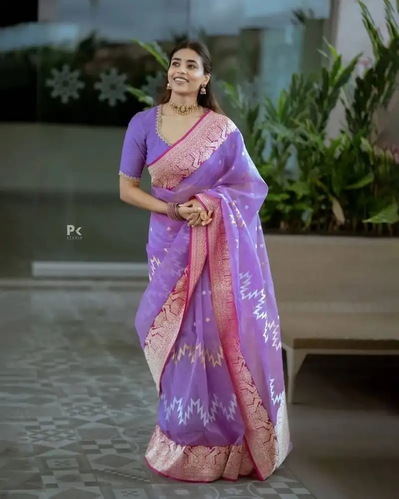 Purple cotton silk blend saree with blouse