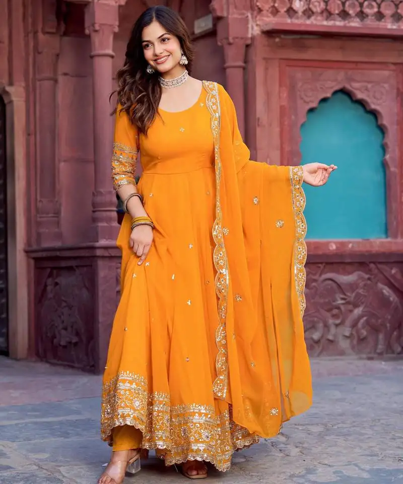 Yellow sequin embroidered georgette anarkali suit stitched