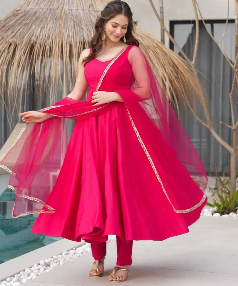 Pink silk chanderi fabric fully flair anarkali kurti with pant dupatta set stitched