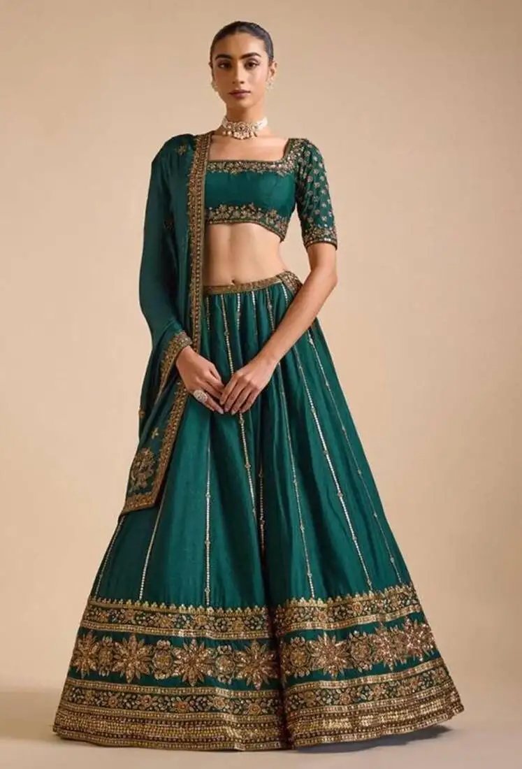 Dark green vichitra silk sequin embroidered lehenga choli