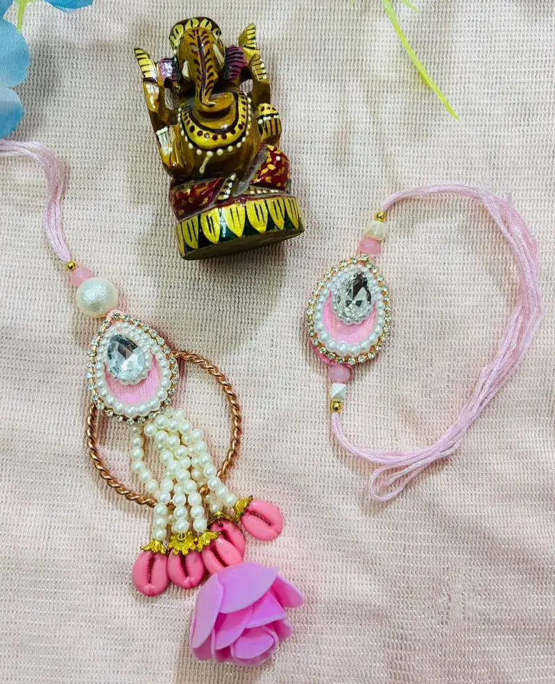 Pastel pink bhaiya bhabhi rakhi set with mirror stone & rose tassel