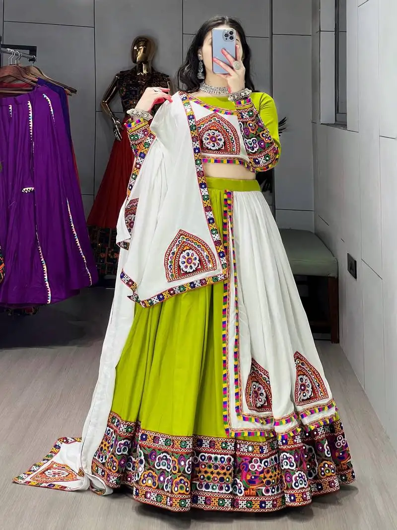 Parrot green cotton gamthi work navratri wear lehenga choli