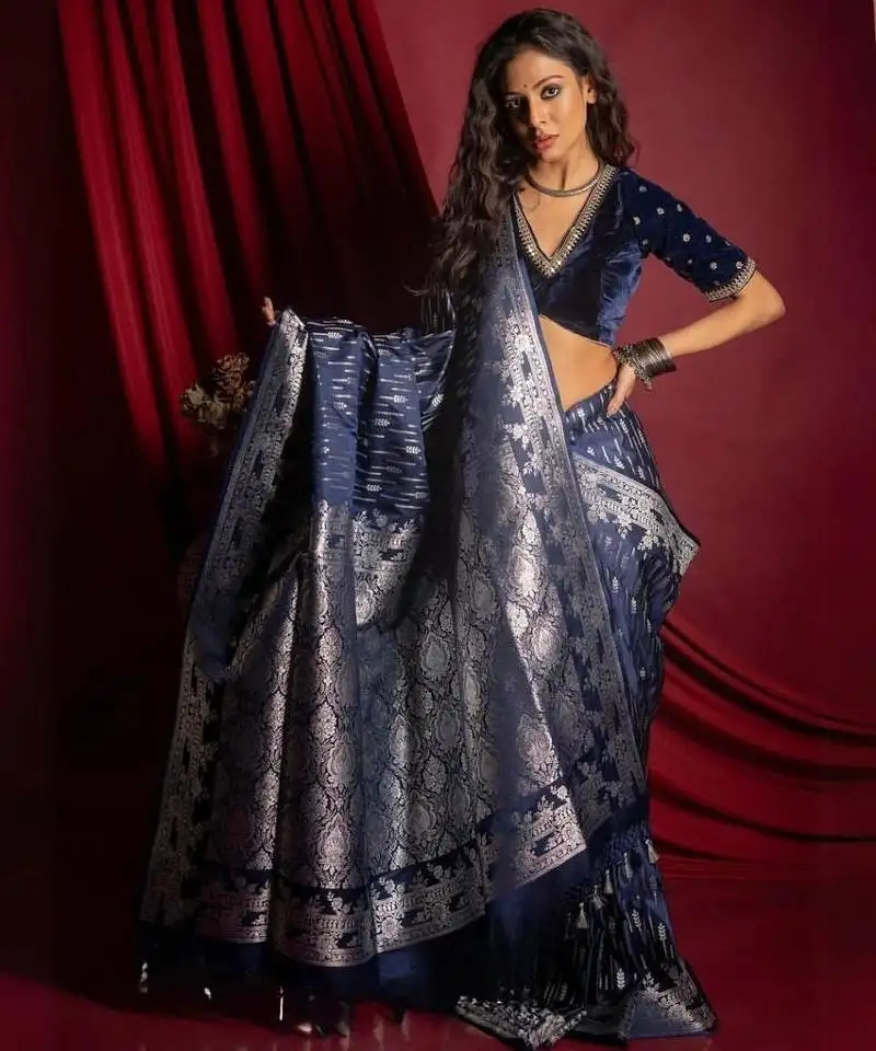 Navyblue silk blend sarees with blouse