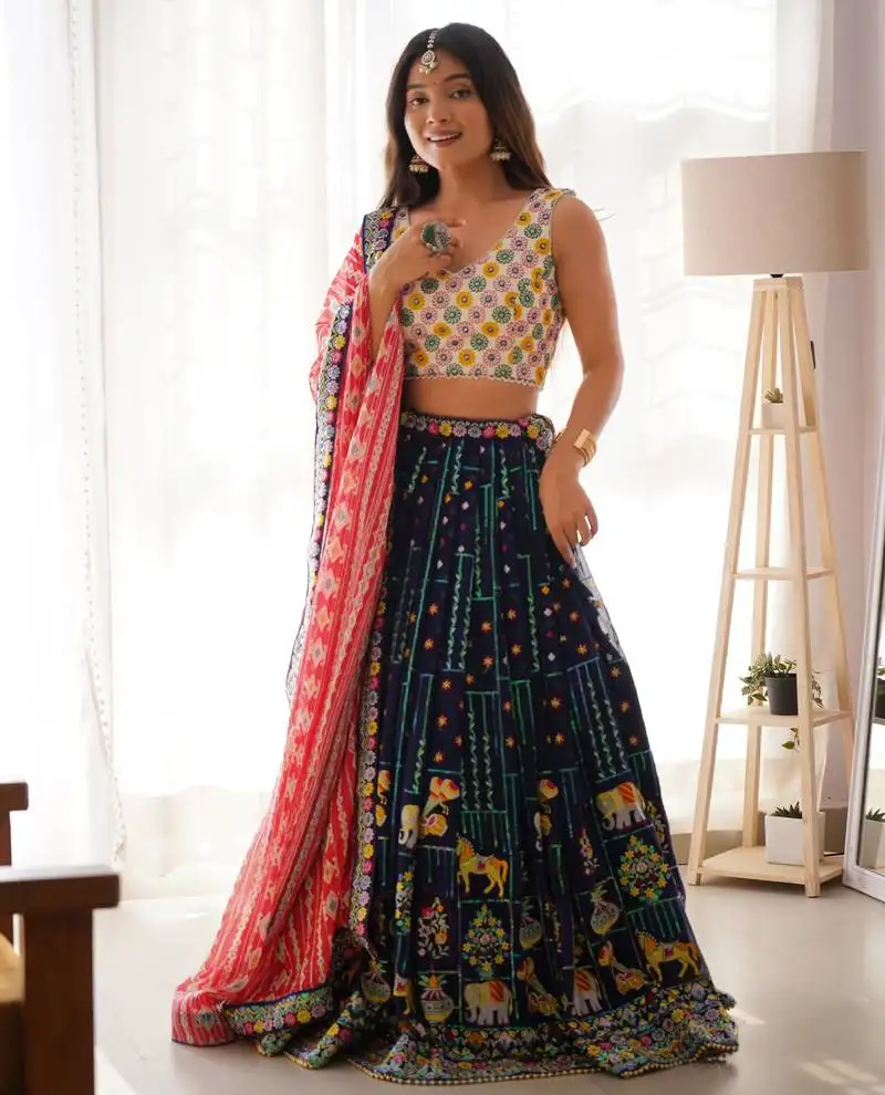 Blue lehenga choli set with thread & sequin work