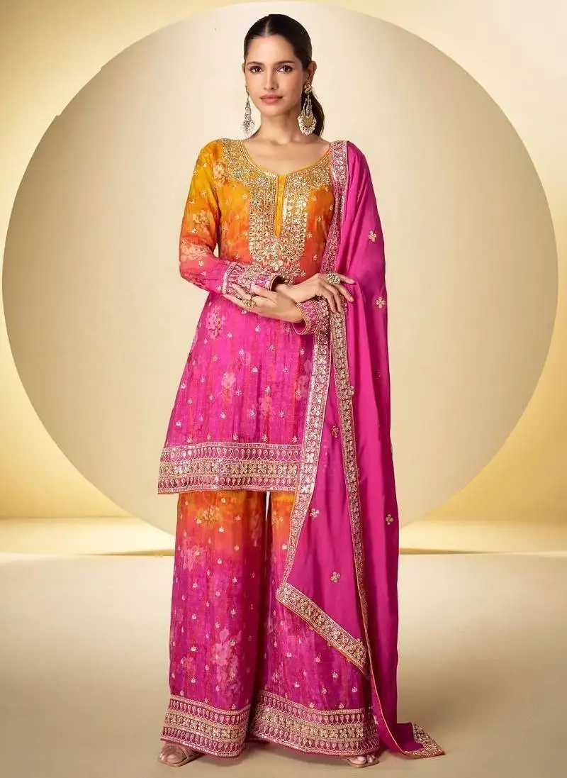 Orange and pink wedding wear palazo salwar kamreez with dupatta set stitched