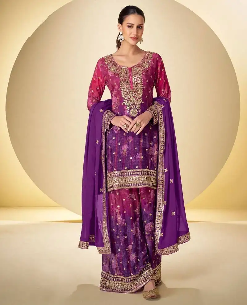 Wine and purple wedding wear palazo salwar kameez with dupatta set stitched