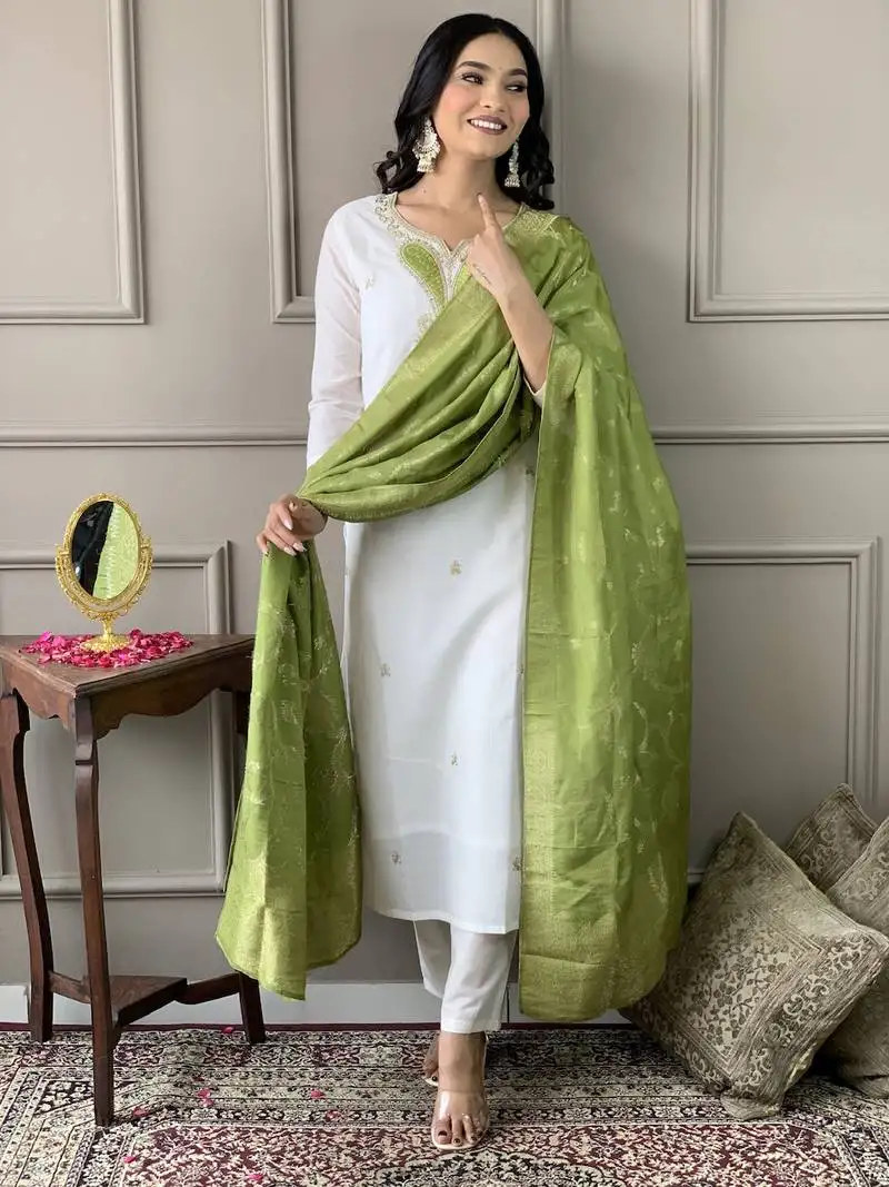 Off white viscose blend embroidered straight kurti bottom dupatta set stitched