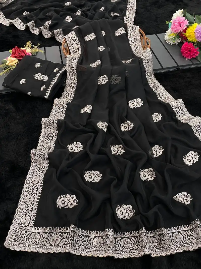 Black embroidered organza silk saree with blouse