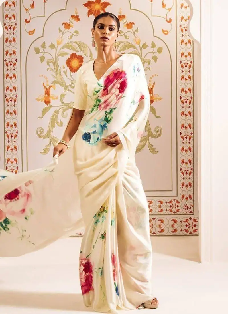 White bollywood digital printed saree