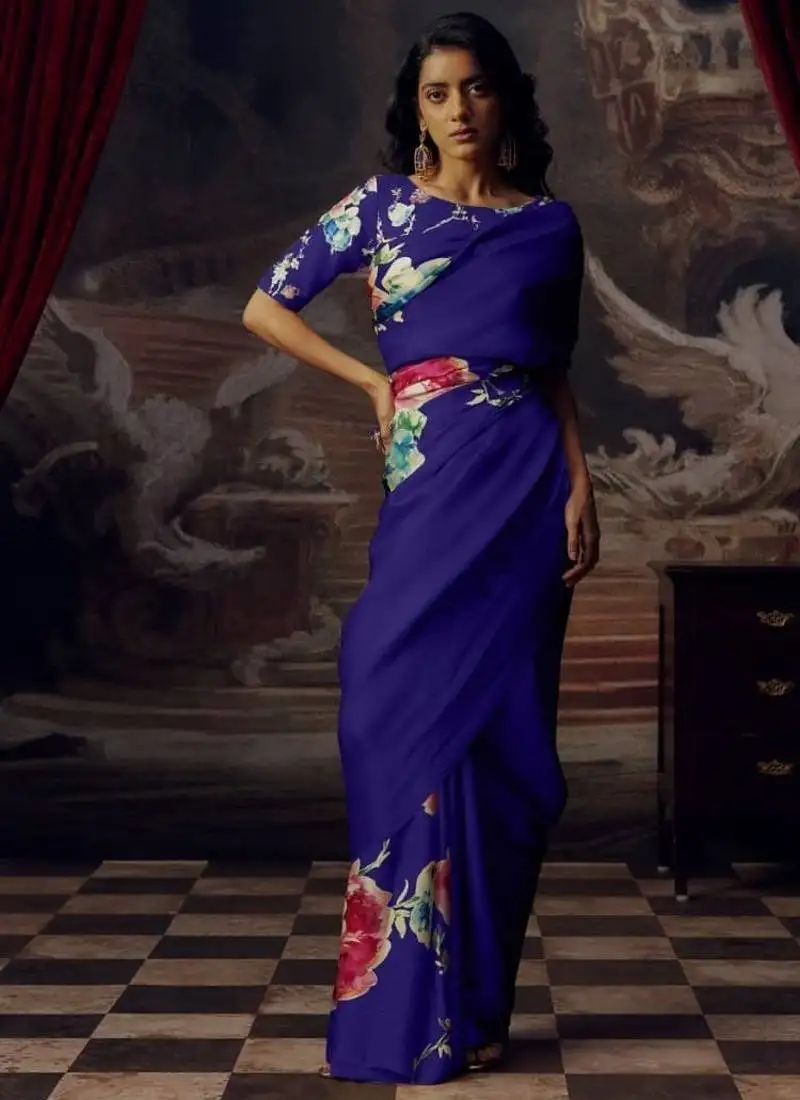 Navy blue bollywood digital printed saree
