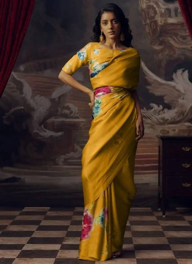 Mustard bollywood digital printed saree