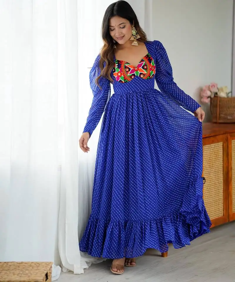 Blue leheriya print georgette gown for festive occasions stitched