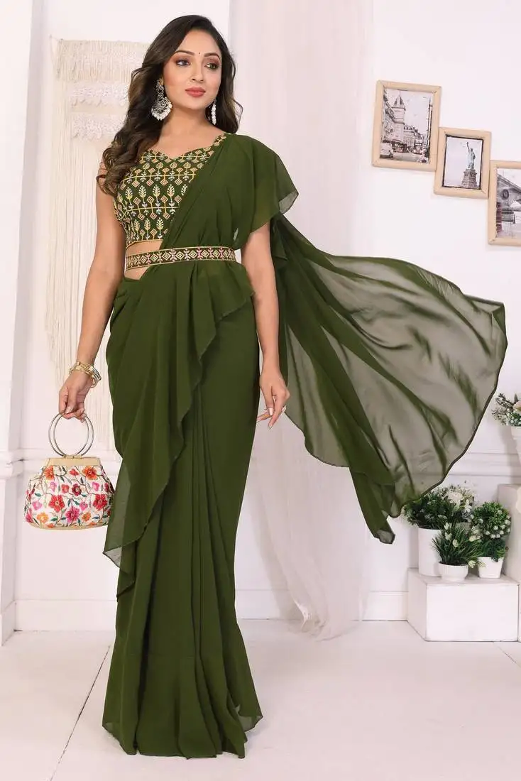 Mehendi georgette ready to wear ruffle style saree with blouse & belt