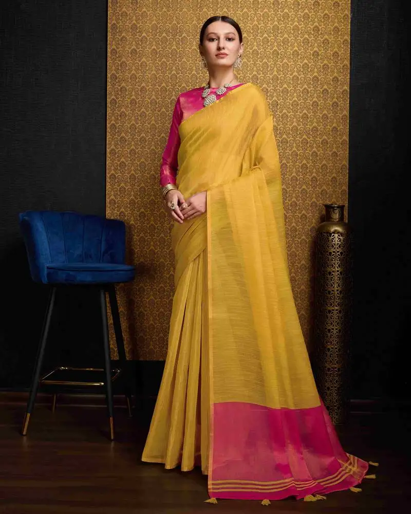 Yellow green blend linen tissue contrust pallu saree with blouse