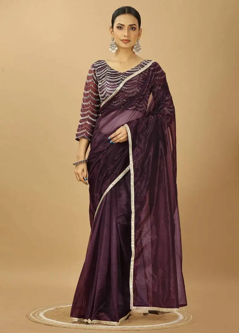 Maroon twill net lace saree with sequin blouse