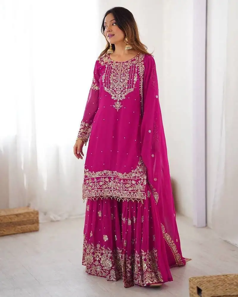Heavy embroidery work sharara suit set pink embroidered suit with dupatta