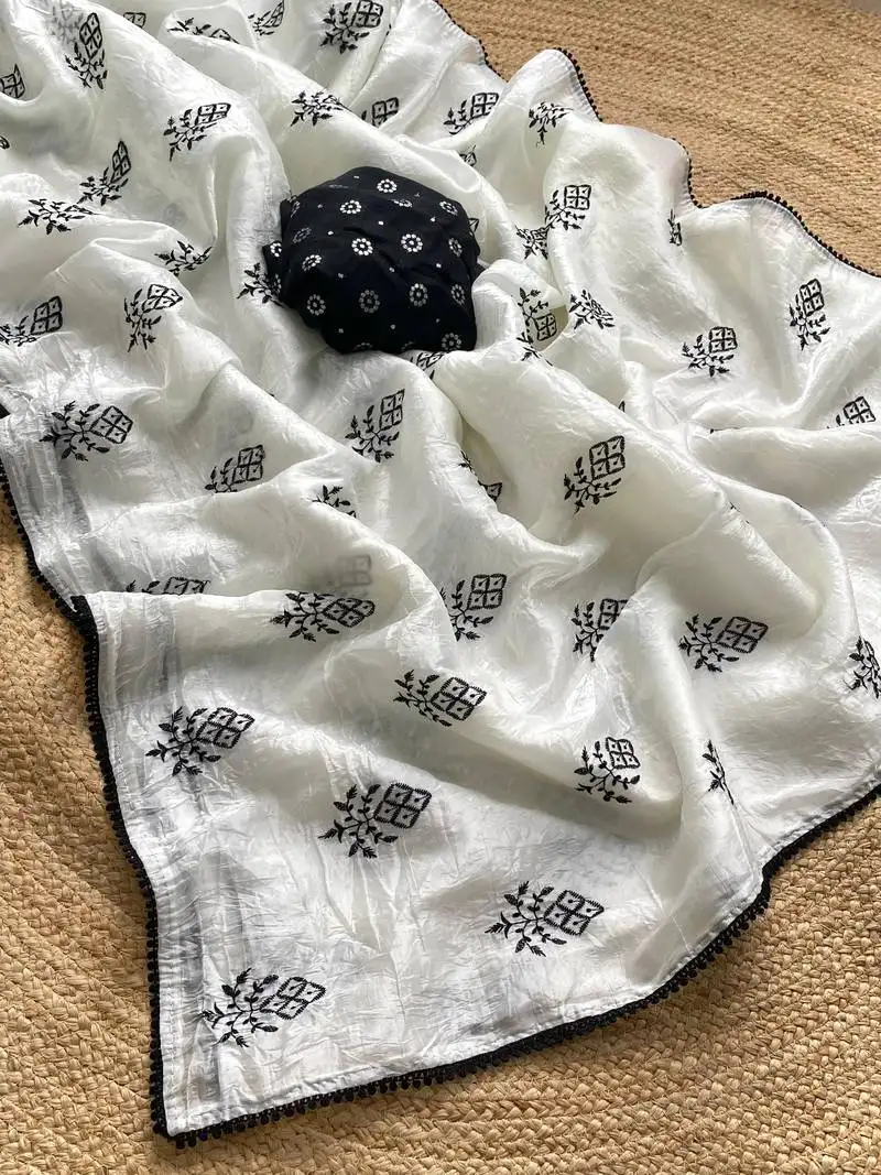 White crush saree with black thread butti embroidery