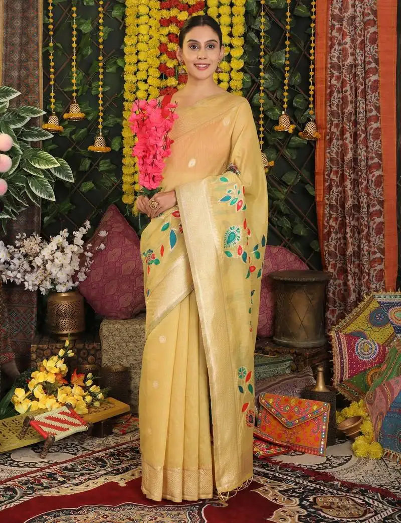 Yellow linen cotton fancy saree