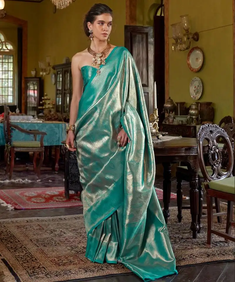 Teal blue handwoven silk blend saree | party & festival wear