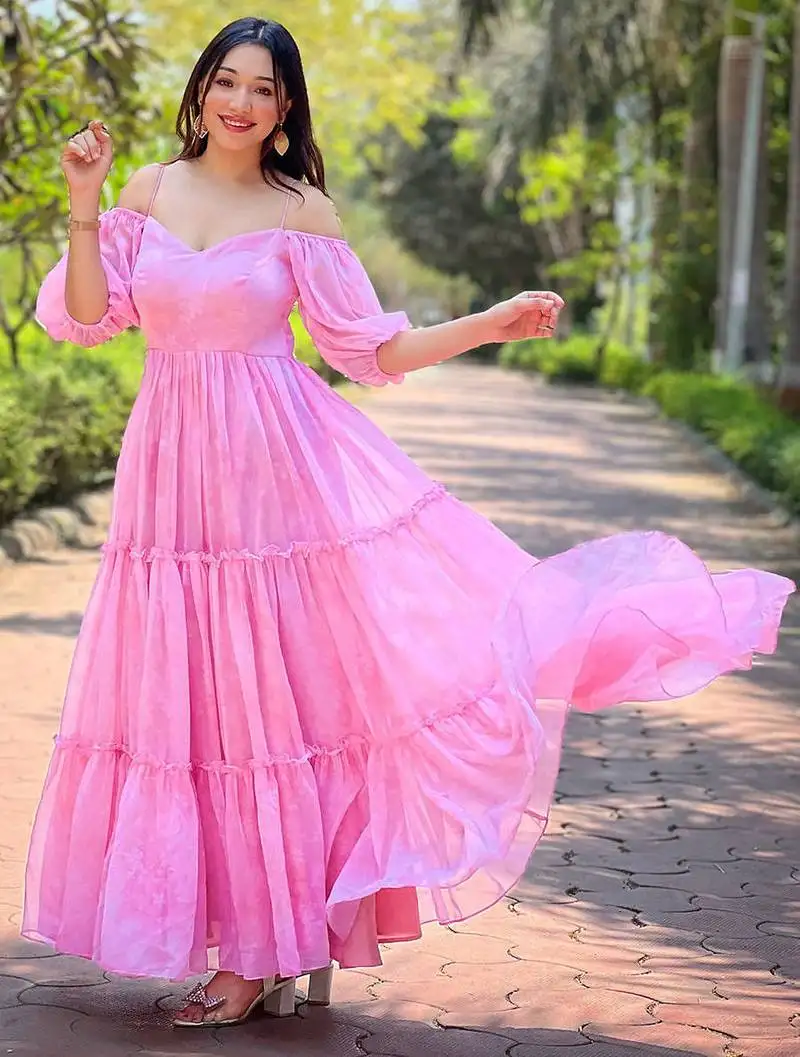Off-shoulder ruffled georgette maxi dress stitched