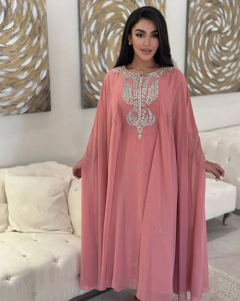 Pink luxury bedded crystal work moroccan dubai kaftans bridesmaid dress