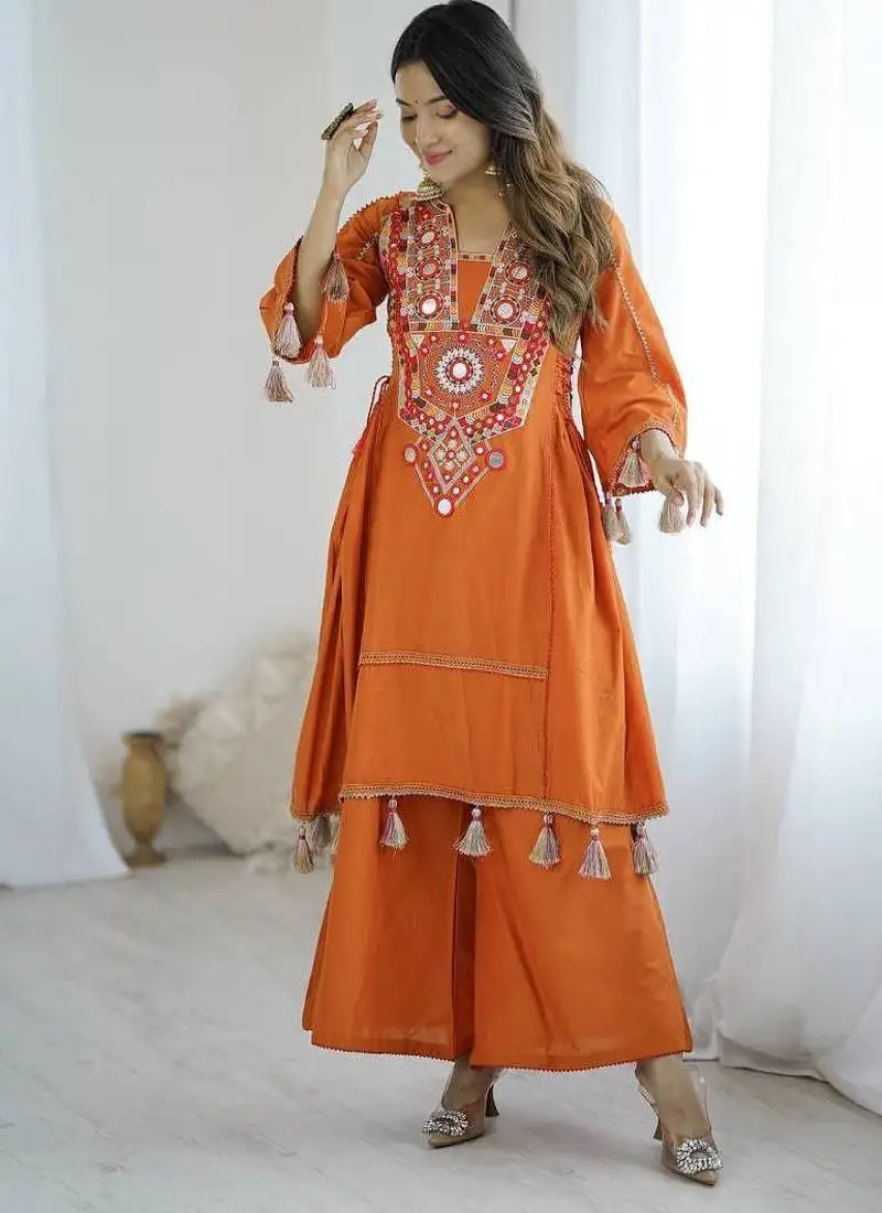 Stylish 2 piece cord set orange embroidered cord set with palazzo