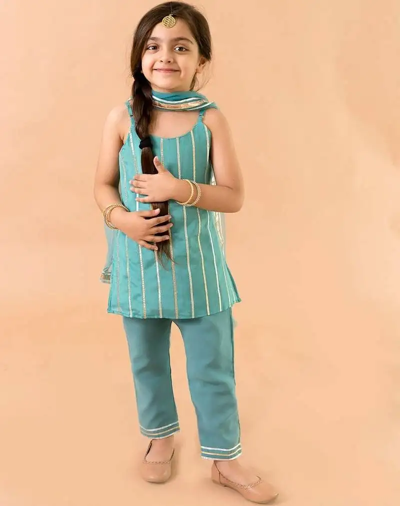Aqua blue georgette kurtas set with gotta work - festive wear for girls
