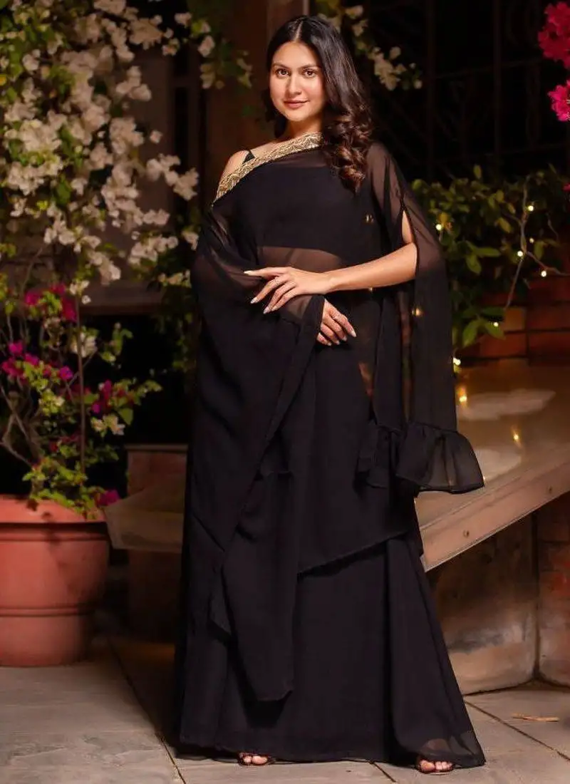 Black georgette sharara set stitched